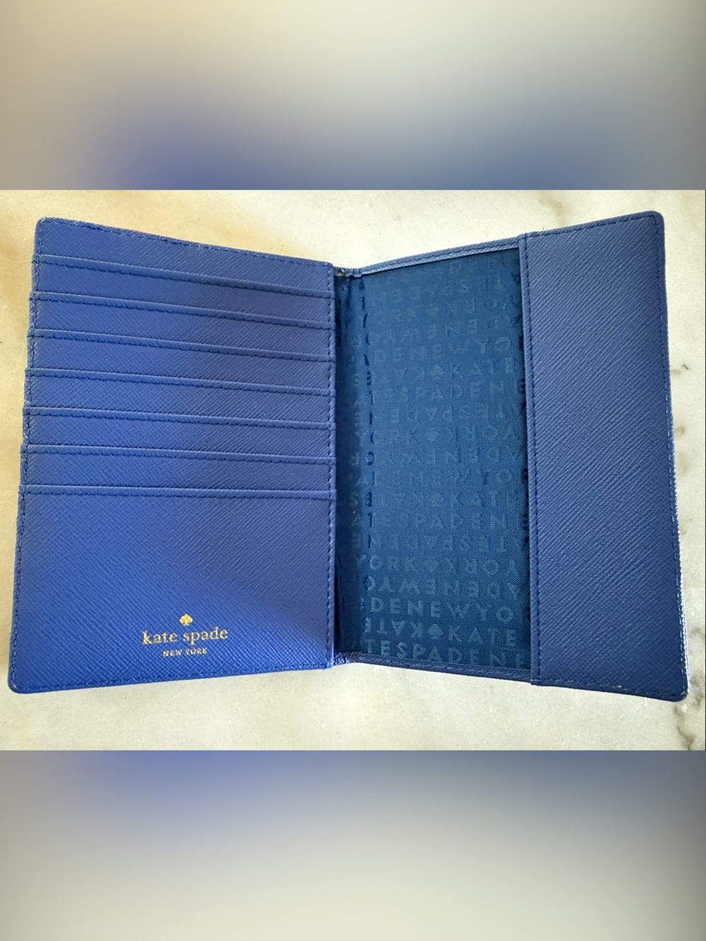 Kate Spade Blue & White Stripe Passport Cover with Red Sunglasses Accent - Picture 2 of 4
